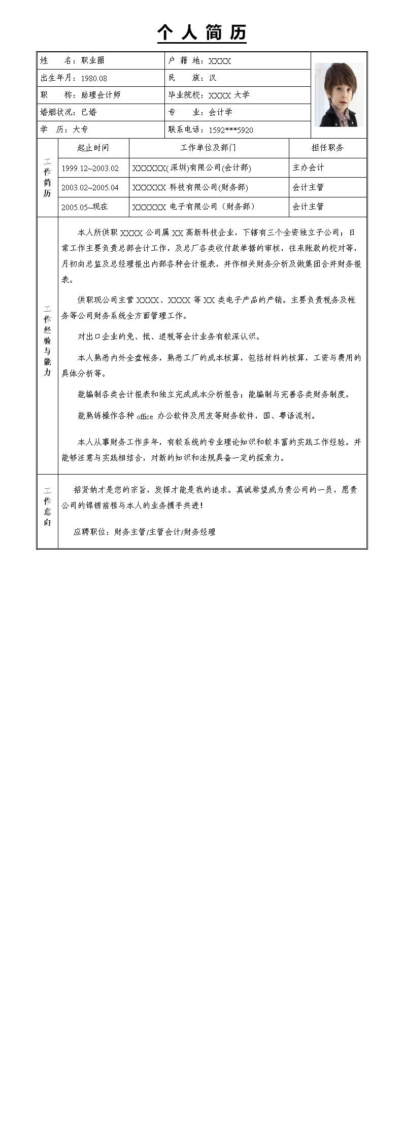 1418_带照片表格类财会意向个人简历模板  - 财会出纳简历模板